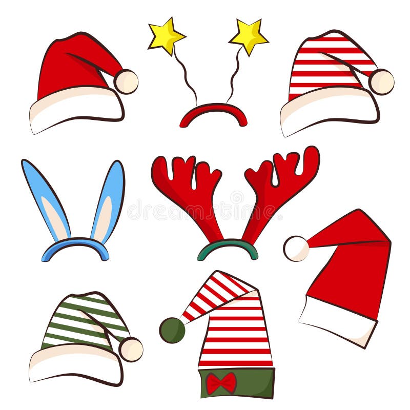 Christmas bright party hat. Set for photo booth xmas party. Antler, star and star hat. Traditional santa and elf hats vector illustration Christmas bright party hat. Set for photo booth xmas party. Antler, star and star hat. Traditional santa and elf hats vector illustration