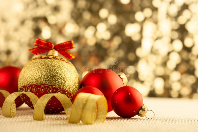 Golden Christmas Background With Candles, Baubles And Ribbons Stock ...
