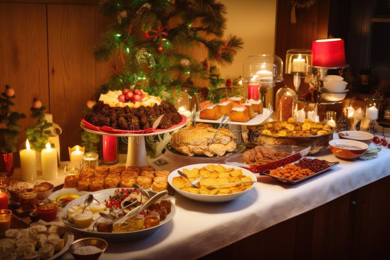 Christmas Buffet, with Food and Drinks for Guests To Enjoy Stock