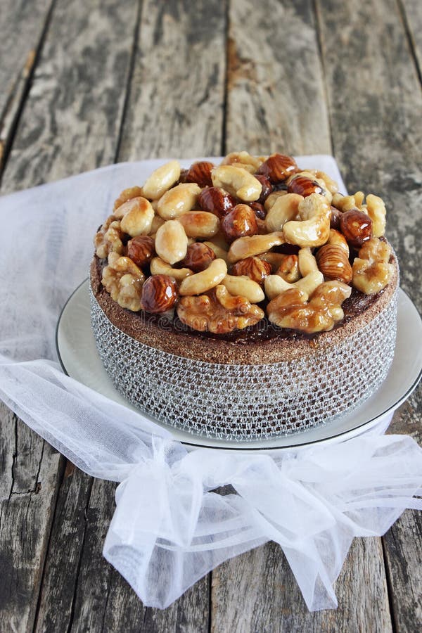 Christmas cake with caramelized nuts,chocolate and spices. stock photography Christmas cake with caramelized nuts,chocolate and spices. stock photography