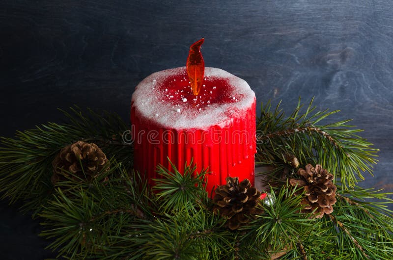 Christmas Candle Cake with Caramel Flame Decorated with Pine Tree Stock Image Image of great