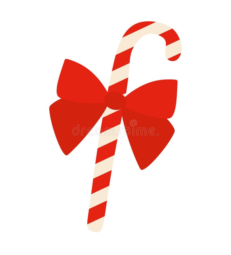 Christmas Candy cane with red bow isolated on white background. Sweet Holiday decoration for Xmas Greeting Postcard, Placard, Tags