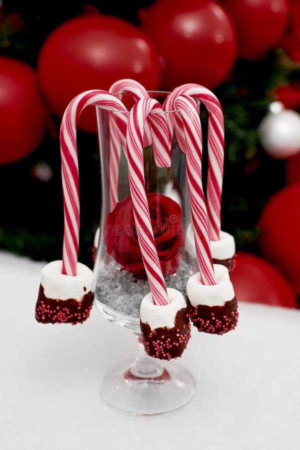 Christmas Candy Decorated with Marshmallows in Chocolate. Candy Hangs