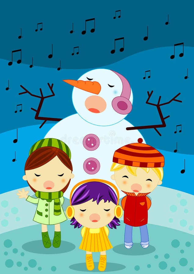 Illustrata colorata cartolina di Natale con tre bambini piccoli e un pupazzo di neve a cantare jingle bells christmas carol.