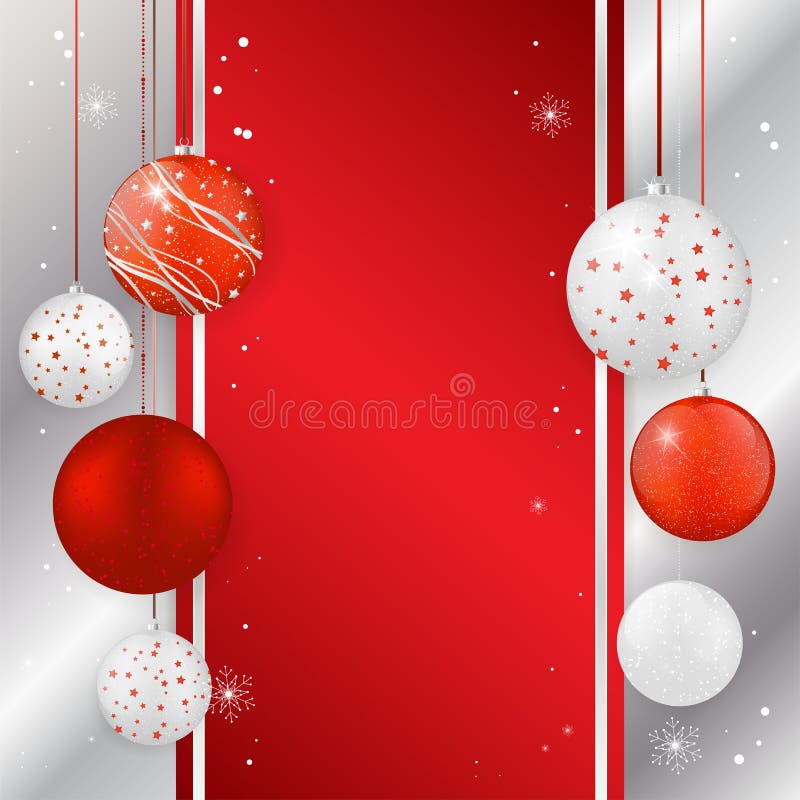 Christmas card with christmas balls in red and silver colors