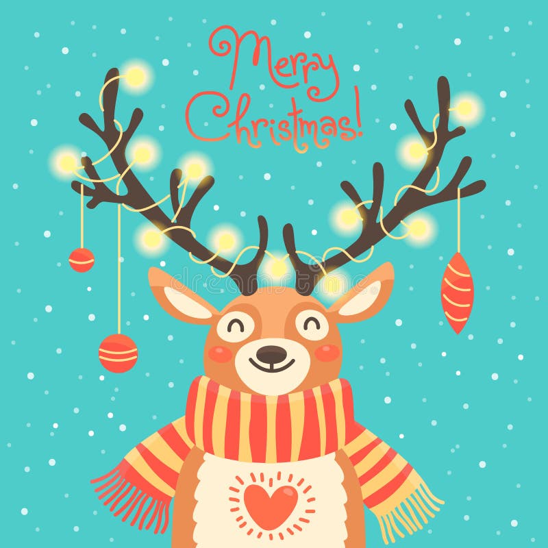 Christmas Card with Reindeer. Cute Cartoon Deer Stock Vector ...