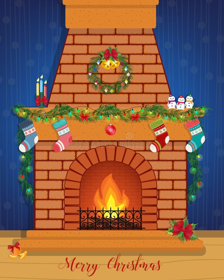 Christmas Card with a Decorated Fireplace. Stock Vector - Illustration ...