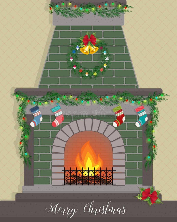 Christmas Card with a Decorated Fireplace. Stock Vector Illustration