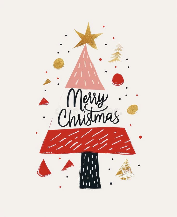 Christmas card design with modern tree illustration, glitter, and cheerful typography vector illustration