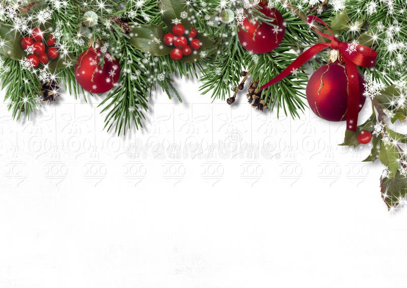 Christmas card with fir branches, balls and holly on a white background