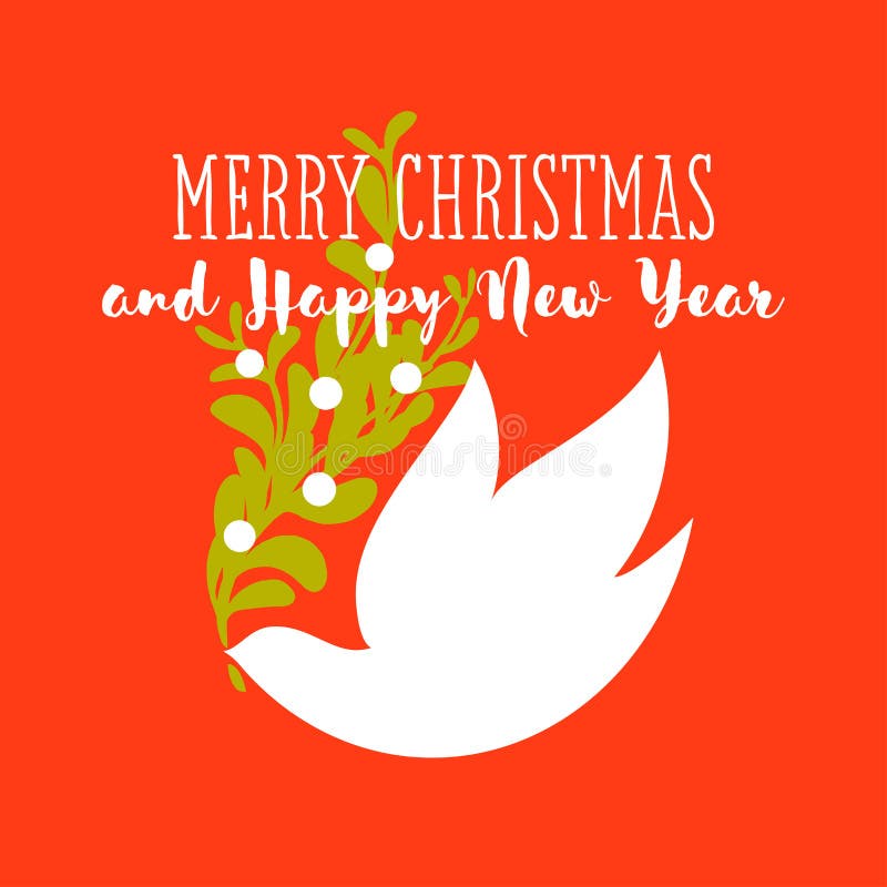Christmas card with greetings and white dove holding mistletoe vector illustration