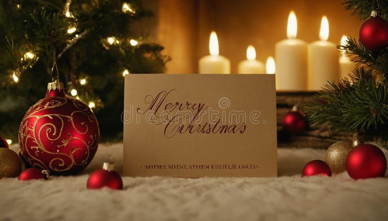 Christmas card with Merry Christmas text surrounded by ornaments and lit candles vector illustration