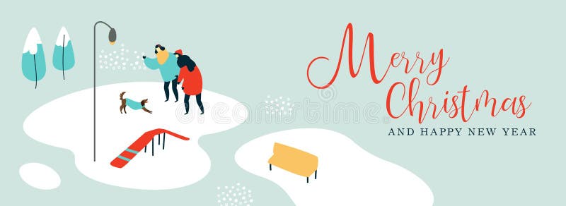 Christmas card of people with dog in winter park