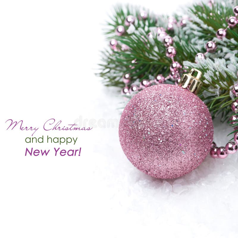 Christmas card with pink bauble, isolated