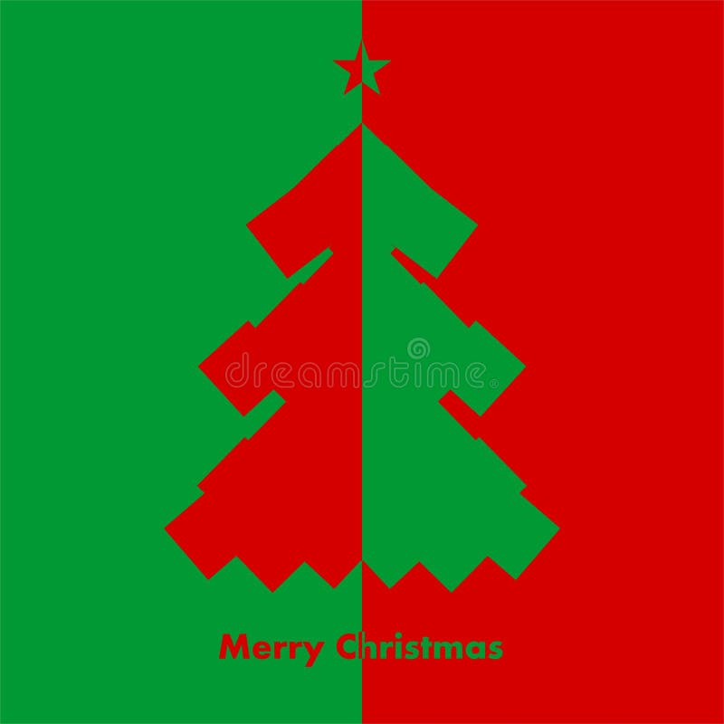Christmas card with red and green Christmas tree on a contrasting background and Merry Christmas inscription with the star of the vector illustration Christmas card with red and green Christmas tree on a contrasting background and Merry Christmas inscription with the star of the vector illustration