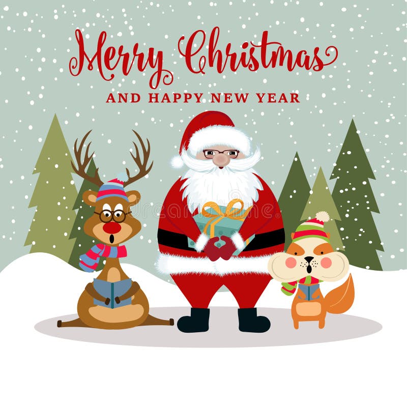 Christmas card with Santa, reindeer and squirrel vector illustration Christmas card with Santa, reindeer and squirrel vector illustration