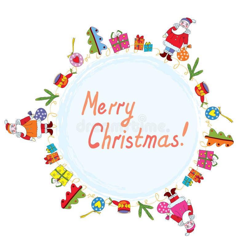 Christmas card with santa, tree and presents royalty free illustration