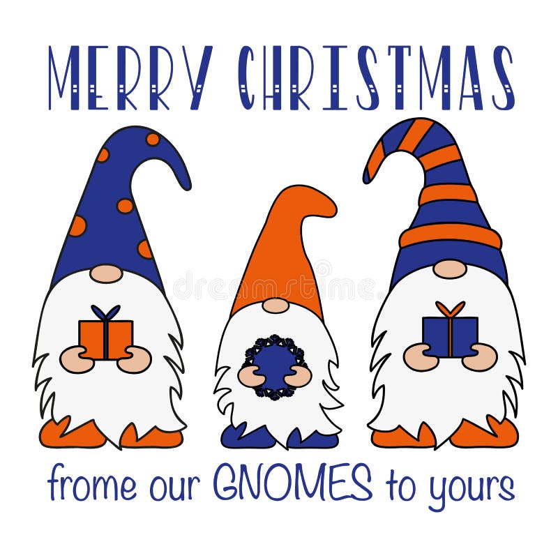 Christmas Card, Season`s greetings, cute Christmas gnomes on a white background. Flat design of a characters of dwarfs.