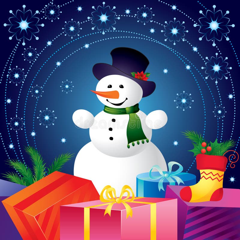 Christmas card with snowman and gifts