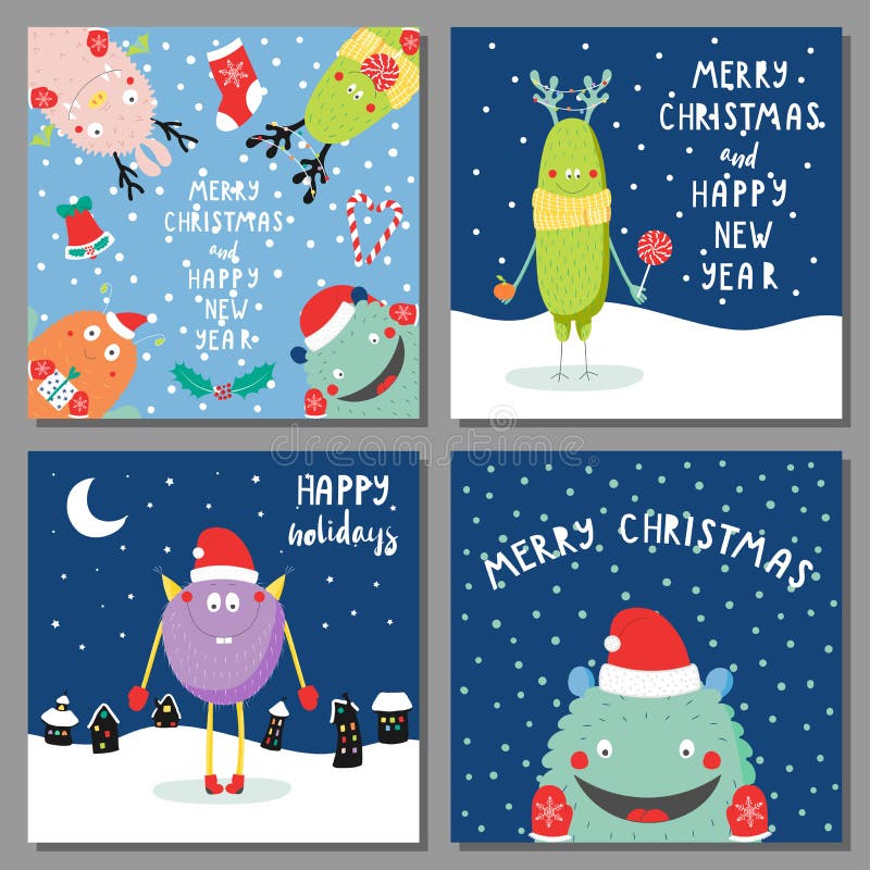 Christmas Cards with Cute Funny Monsters Stock Vector - Illustration of greeting, antlers: 105589995 Christmas Cards with Cute Funny Monsters Stock Vector - Illustration of greeting, antlers: 105589995