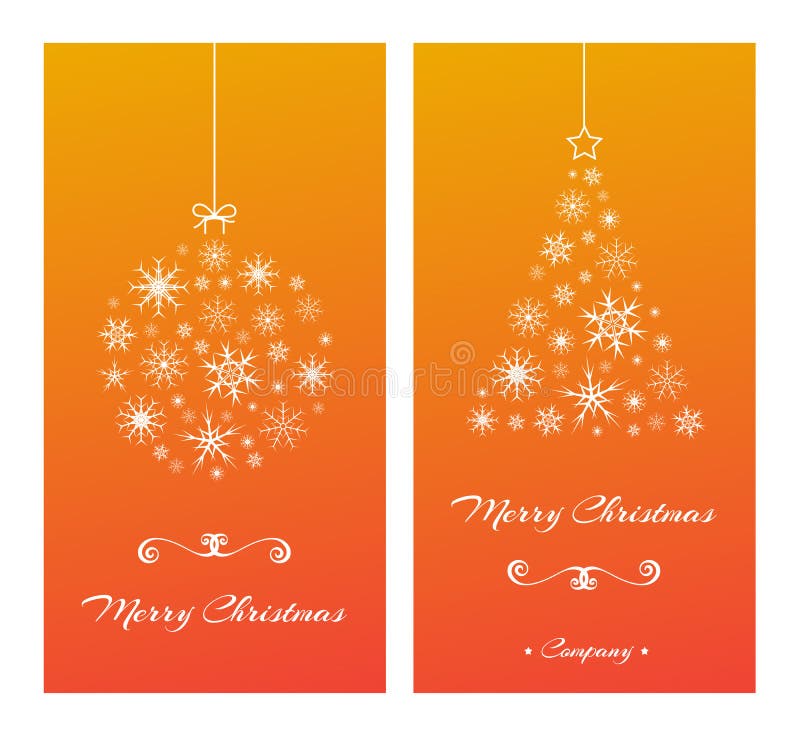 Christmas cards with tree and ball from snowflakes on orange.