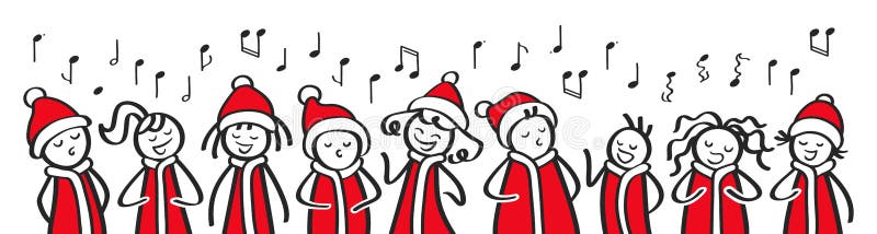 Christmas Carol singers, choir, funny men and women singing, stick figures in santa costumes sing a song, banner