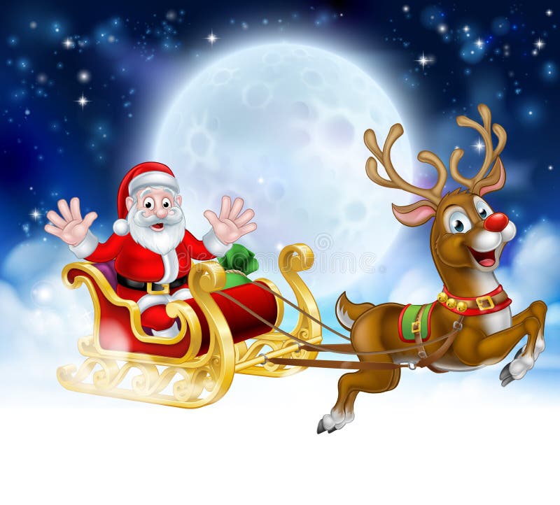Christmas Cartoon Santa Reindeer Sleigh Scene Stock Vector