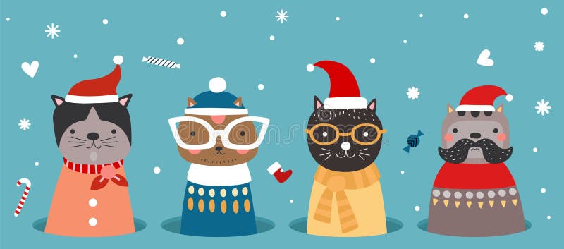 Christmas cats in hole. Kitten in winter clothes, santa hat and scarfs. Cartoon xmas new year greetings banner with cute