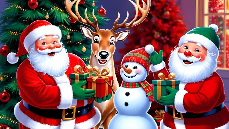 Christmas characters like santa claus, reindeer and snowman holding gift with merry christmas greeting and tree in a red