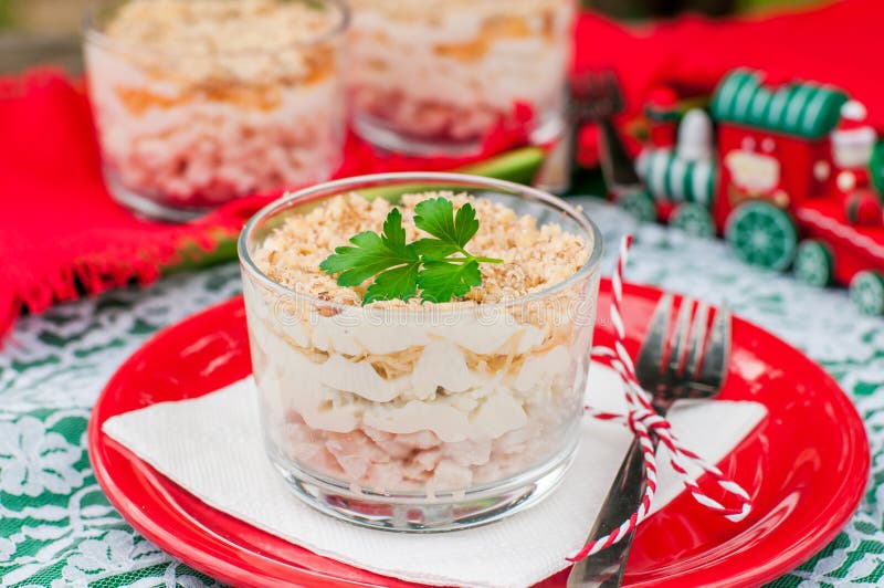 Christmas Chicken, Apple, Cheese and Egg Salad Layered with Mayo