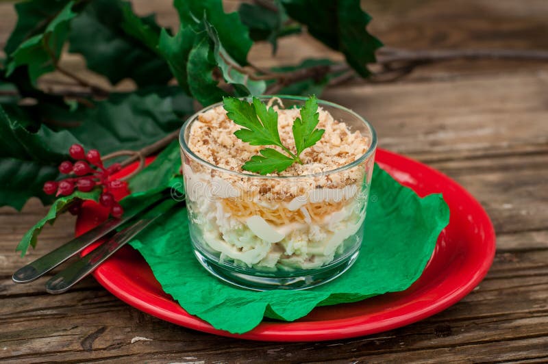 Christmas Chicken, Apple, Cheese and Egg Salad Layered with Mayo