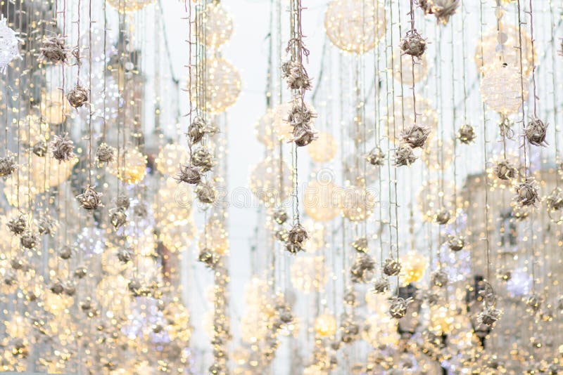 Christmas City Decorations. Balls of Lights Stock Photo Image of