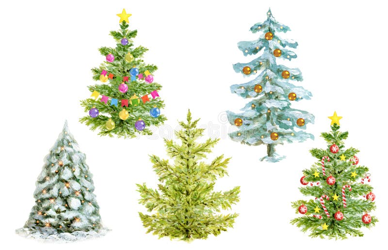Christmas clipart consisting of watercolor fir trees isolated on white background. Hand drawn winter spruce set for New Year holiday decor or celebration card