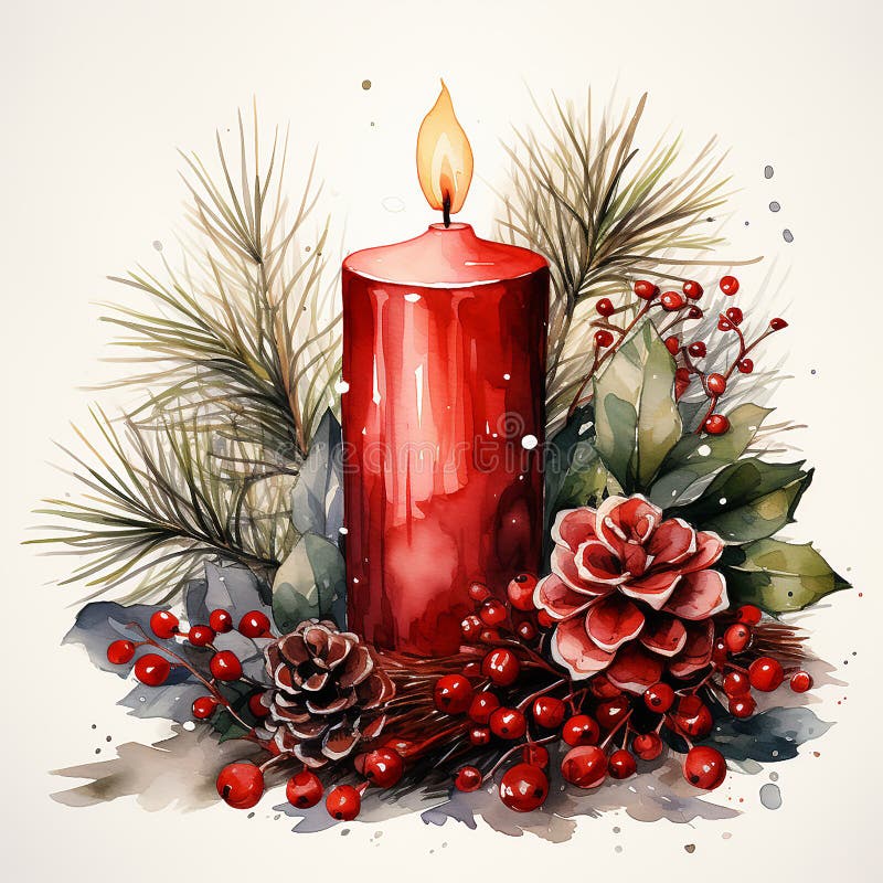 Christmas clipart red burning candle, watercolor illustration, white background.