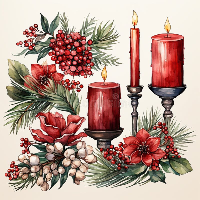 Christmas clipart red burning candles, watercolor illustration, white background.