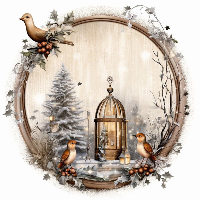 Christmas clipart with winter forest, birds and birdcage. Watercolor illustration