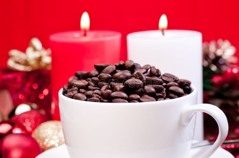 Christmas Coffee Beans in a Cup Stock Photo - Image of decoration