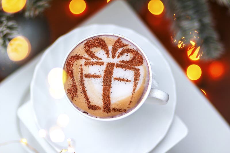Christmas Coffee in a White Cup with a Gift Picture Stock Image Image