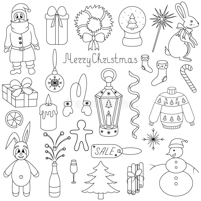 Christmas Collection in Doodle Style. Christmas Wreath, Snow Globe ...