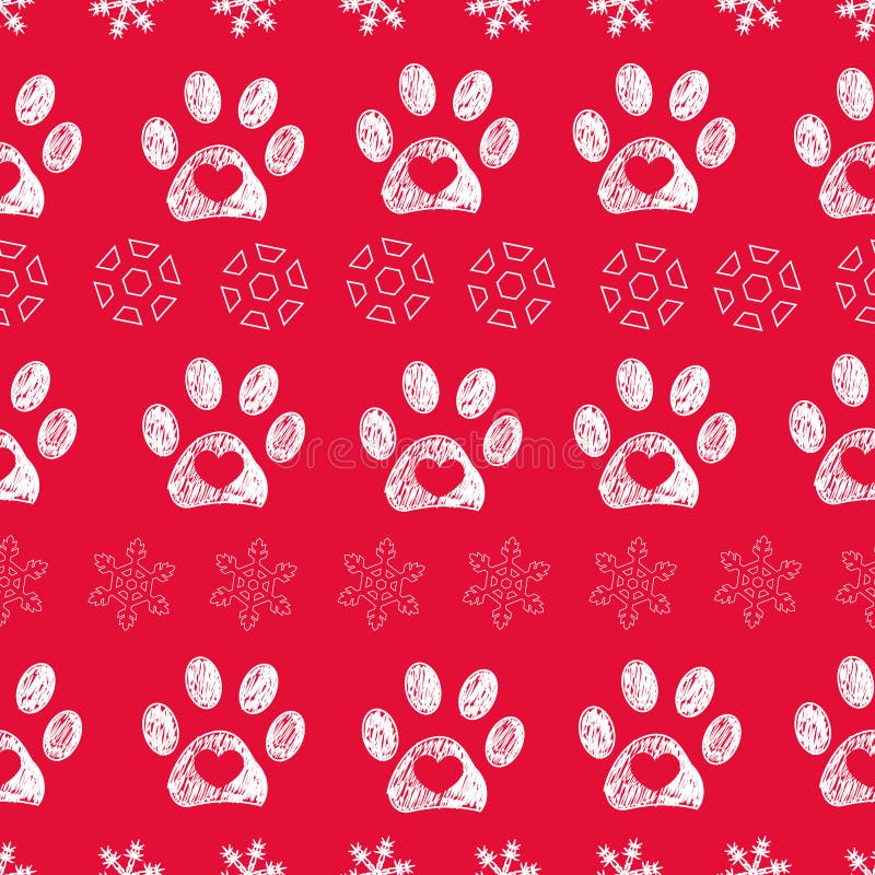 Christmas Colored Red Background Colored White Paw Prints and