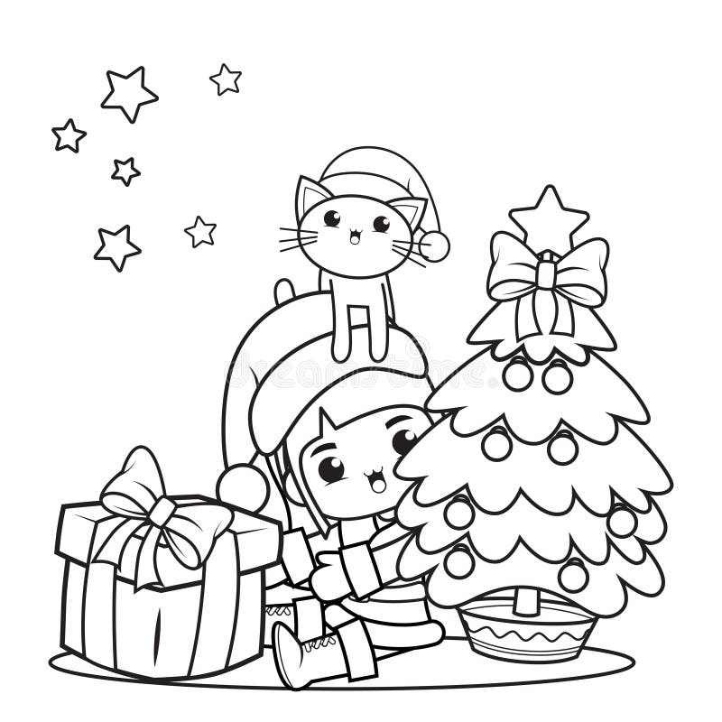 Christmas Coloring Book with Cute Girl Stock Vector Illustration of