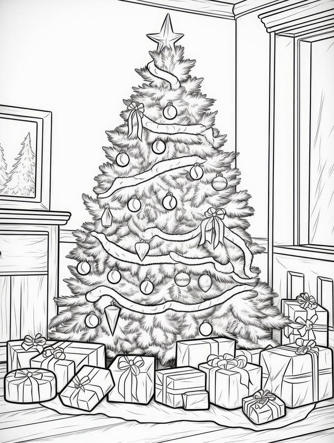 Christmas Colouring Page with a Christmas Tree Stock Illustration ...
