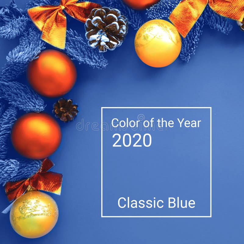Christmas Composition. Background Blue Colors with Orange Decorations Stock Photo Image of