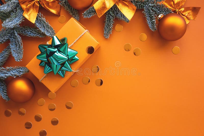 Christmas composition.  Background with gift box and decorations.