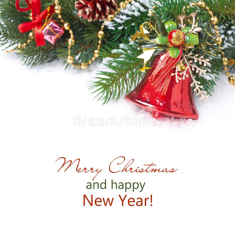 Christmas composition with fir branches, decorations, red bell
