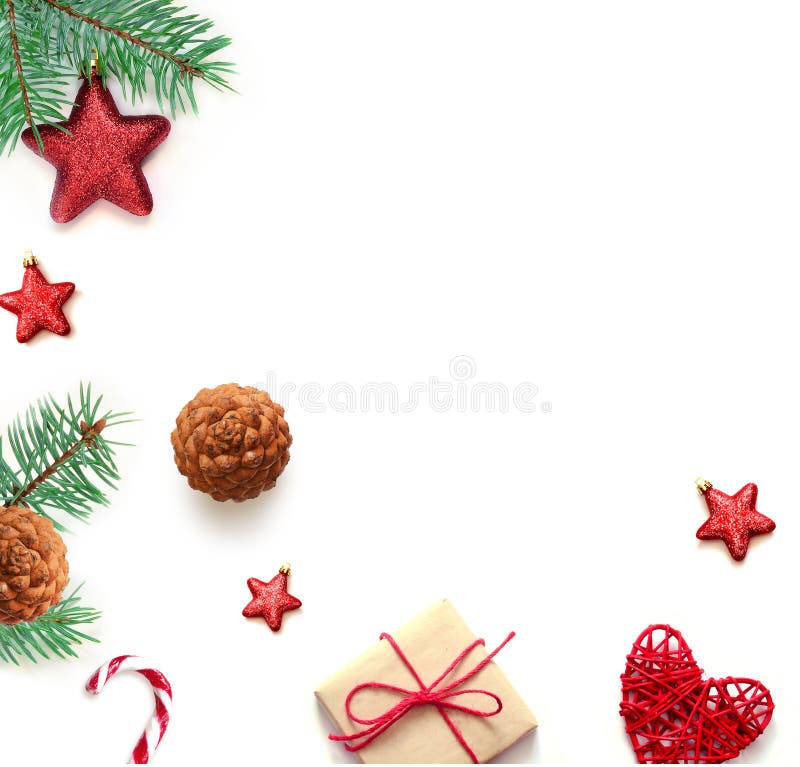 Christmas composition. Christmas gift, candy cane and fir tree branche. Top view, flat lay.