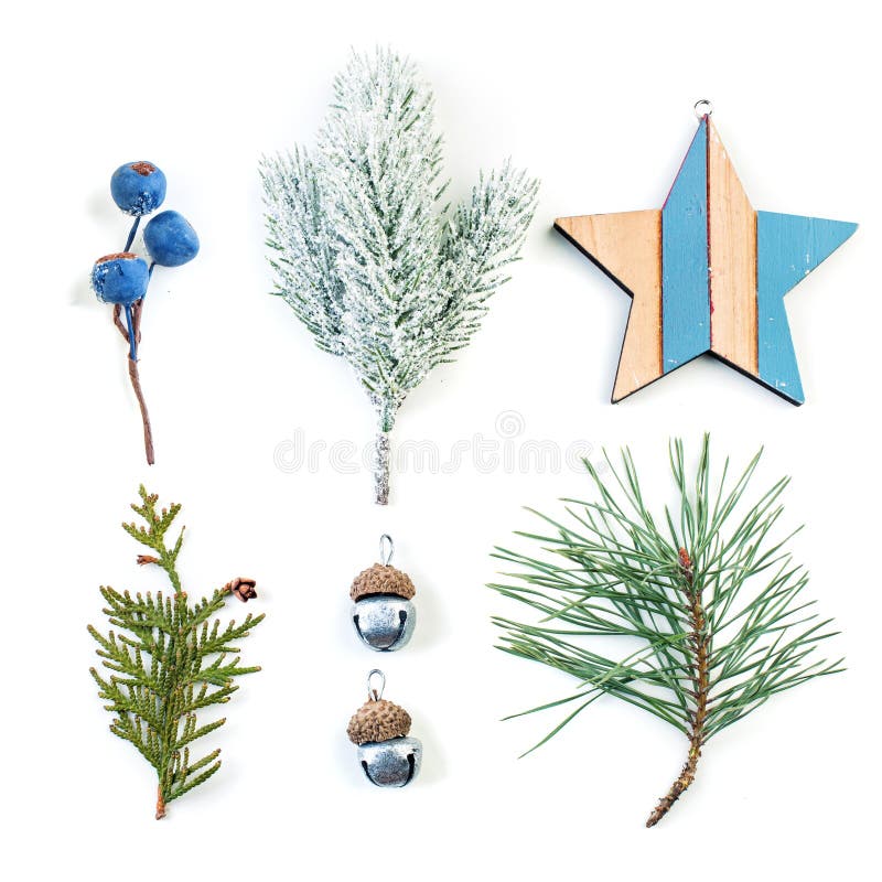 Christmas composition made of natural green and blue decorations. Blue berries, wooden star and green fir branch isolated on white royalty free stock photo Christmas composition made of natural green and blue decorations. Blue berries, wooden star and green fir branch isolated on white royalty free stock photo