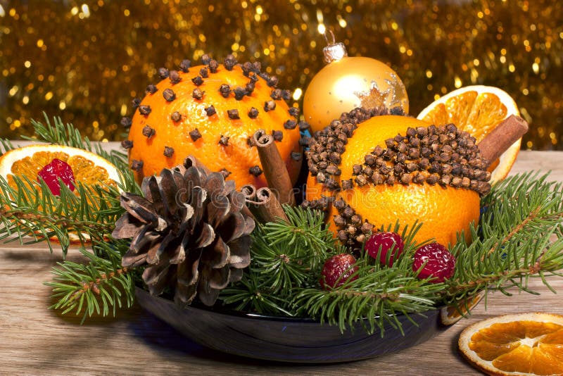 Christmas composition with orange pomanders