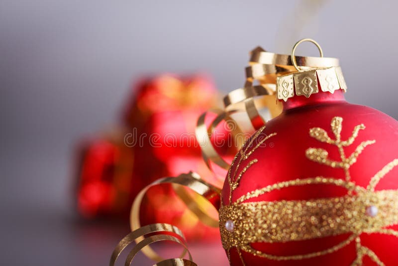 Christmas composition of Christmas tree toys on a blurred silver background