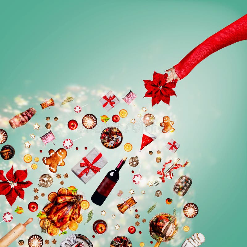 Christmas Concept. Creative Layout with Various Flying Christmas